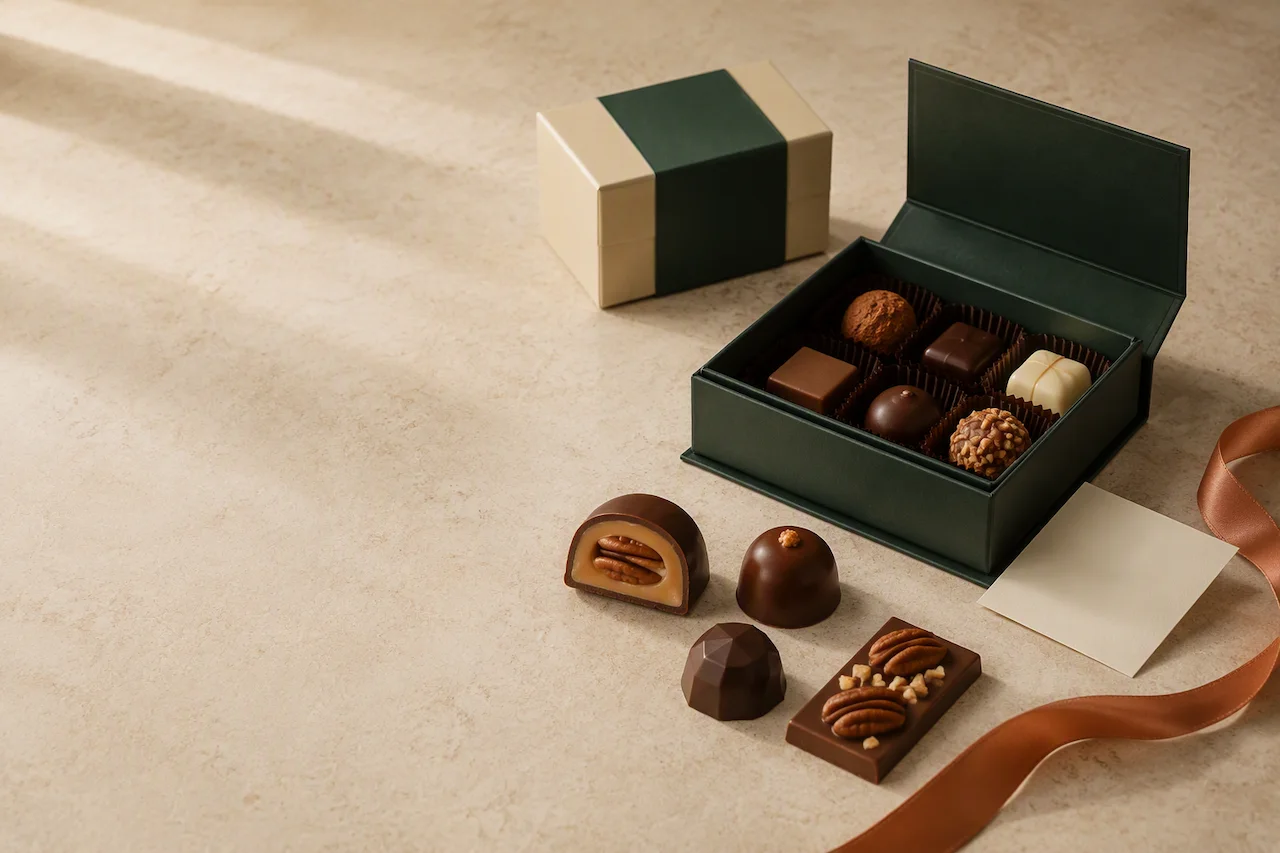 Selección de alta confitería Miskytos con chocotejas, bombones, barra artesanal y presentaciones para regalo